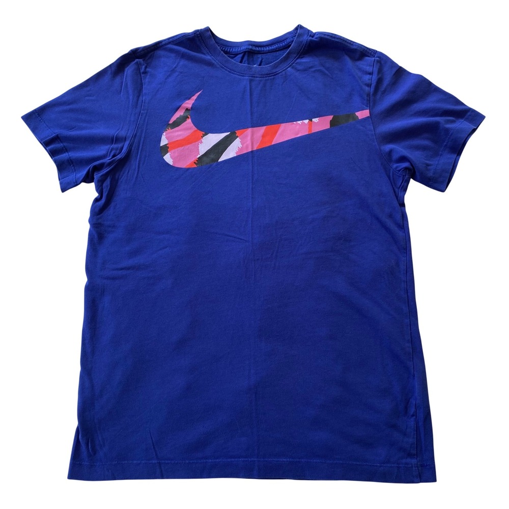 Nike T-Shirt Mens Small Blue Dri-FIT Graphic Swoosh Short Sleeve Crewneck Tee